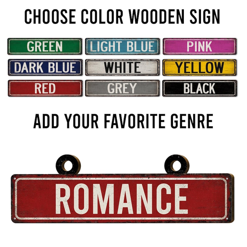 May include: A wooden sign with the word "ROMANCE" in white letters on a red background. The sign has two black circular mounting holes. Above the sign are color options: green, light blue, pink, dark blue, white, yellow, red, grey, and black. The text "CHOOSE COLOR WOODEN SIGN" and "ADD YOUR FAVORITE GENRE" are also visible.
