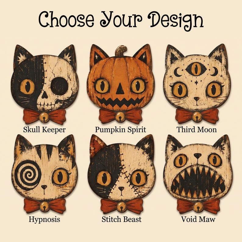 K&ouml;nnte beinhalten: Sechs katzenf&ouml;rmige Wandtafeln aus Holz mit dem Text Choose Your Design oben. Jede Katze tr&auml;gt eine rote Fliege mit einer Glocke und zeigt einzigartige Designs: Skull Keeper, Pumpkin Spirit, Third Moon, Hypnosis, Stitch Beast und Void Maw.