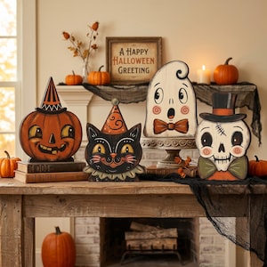 Peut inclure: Quatre décorations en bois pour Halloween représentant une citrouille avec un chapeau rayé, un chat noir avec un chapeau pointu, un fantôme avec un nœud papillon sur un socle, et un crâne avec un haut-de-forme, devant un cadre décoratif.