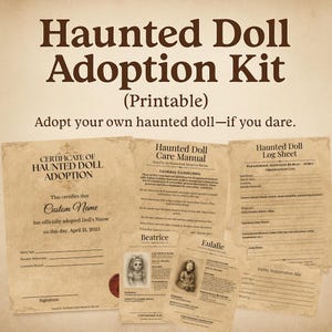 Könnte beinhalten: Druckbarer Adoptions-Kit für eine Geisterpuppe mit einem Adoptionszertifikat, einer Pflegeanleitung und einem Protokollblatt. Das Kit hat ein Vintage-Design mit Illustrationen von zwei Puppen namens Beatrice und Eulalie.
