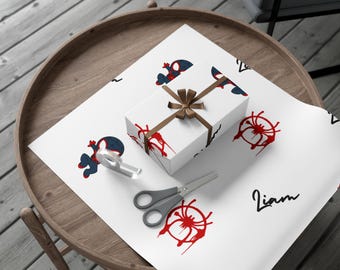 Zwarte spin superheld gepersonaliseerd cadeaupapier voor kinderen, verjaardagscadeaupapier, kinderfeestartikelen, aanpasbare cadeaupapier