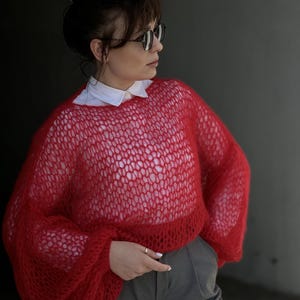 Red Soft Fluffy Knitted Mohair Sweater Individually Handcrafted Pullover Oversized Jumper for Women Warming Spring Gift for Her