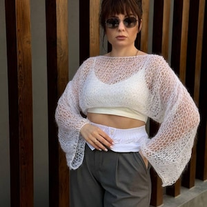 Crop Top Soft Fluffy Knitted Mohair Sweater Individually Handcrafted Cozy Light Jumper for Women Warming Spring Gift For Her