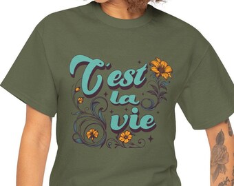 C'est la Vie Cotton T-Shirt | Floral Star Graphic | Classic Fit, Unisex Casual Tee | 100% US Cotton, Sustainable, Soft