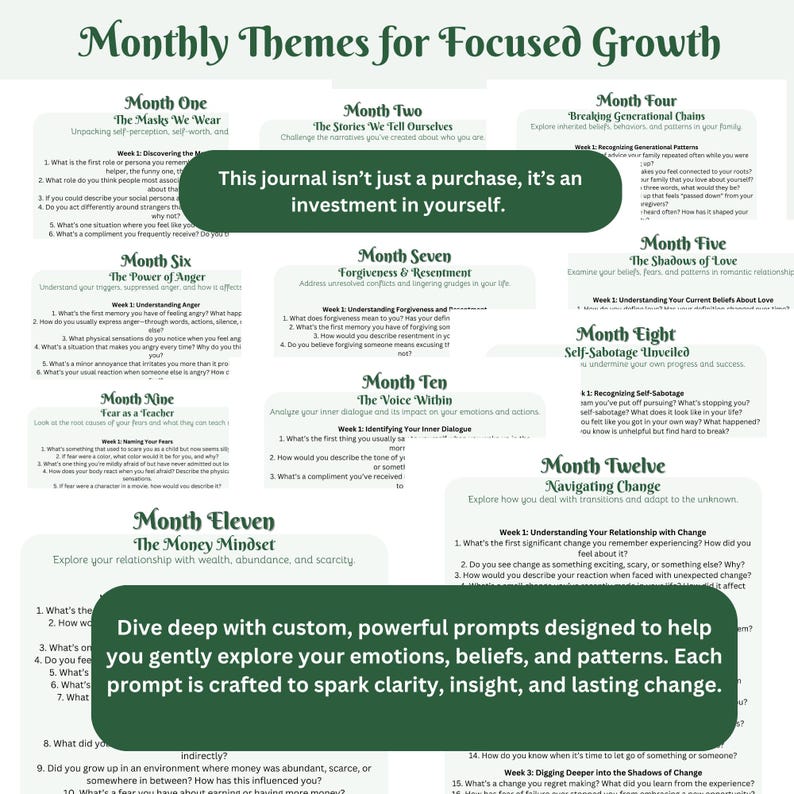 May include: A colorful journal with a green cover and the text "Monthly Themes for Focused Growth" in white. The journal is divided into 12 months, each with a different theme and prompts for self-reflection. The text "This journal isn't just a purchase, it's an investment in yourself." is written in green on a white background.