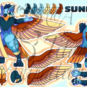 May include: A digital illustration of a cartoon avian creature named "Sunny" with blue, orange, and yellow feathers. The image includes multiple poses and color variations of the character, with the name "Sunny" in bold, green text.