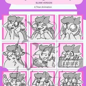 May include: A sheet of nine cartoon dragon emojis in various expressions, set against a pink and purple background. The text "Fluffy Dragon Emojis" and "Blank Version" are at the top. The emojis are in black and white.