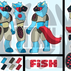 May include: Illustration of a blue and tan anthropomorphic character with a red tail and accents. The word "FISH" is displayed in red block letters. Additional design elements include paw prints and a fish-themed oval.