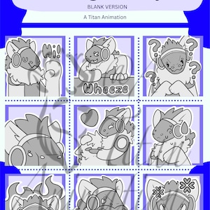 May include: A sheet of Protogen Emojis in a grid layout. Each emoji features a stylized, anthropomorphic character with headphones, expressing different emotions. The text "Protogen Emojis" and "Blank Version" are at the top.