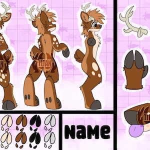 Puede incluir: Diseño de personaje de criatura similar a un ciervo en arte digital, presentado en varias poses. El personaje es marrón con manchas blancas y una melena marrón claro. La imagen incluye un nombre y variaciones de huellas.