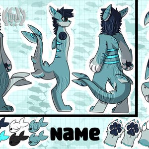 May include: A digital illustration of a shark-like character in various poses, featuring shades of blue and gray. The character has a fin tail, shark-like features, and the word "Name" is written in black. Additional design elements include paw prints and small fish.
