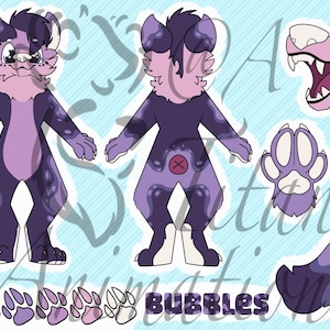 May include: Digital illustration of a purple and lavender anthropomorphic character named Bubbles. The character is shown from multiple angles, with paw prints, a mouth, and a tail. The character has dark purple markings and a light blue background.
