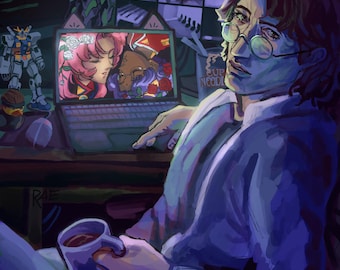 May include: A digital illustration of a person with brown hair and glasses sitting at a desk with a laptop, a cup of coffee, and anime figures. The laptop screen displays an anime scene and a speech bubble with the text: Wait snake... you actually like it?? like for real?!!