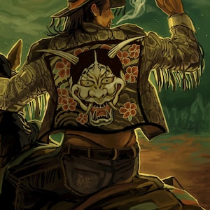 May include: Illustration of a person wearing a brown hat and a jacket with a Japanese demon mask design. The jacket features red floral accents. The background is a dark green with a full moon.