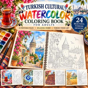 May include: A spiral-bound Turkish Cultural Watercolour Colouring Book for Adults featuring 24 printable pages. The cover displays the title and colourful illustrations. Inside, a page shows a coloured Galata Tower scene next to its line art counterpart.