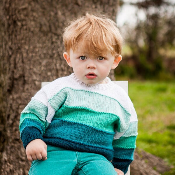 Children Clothing -- Boys Hand Knit Baby Sweater -- Aqua/Blue-Green Ombre Color Block -- MONROE STREET -- Perfect for Spring Baby Showers