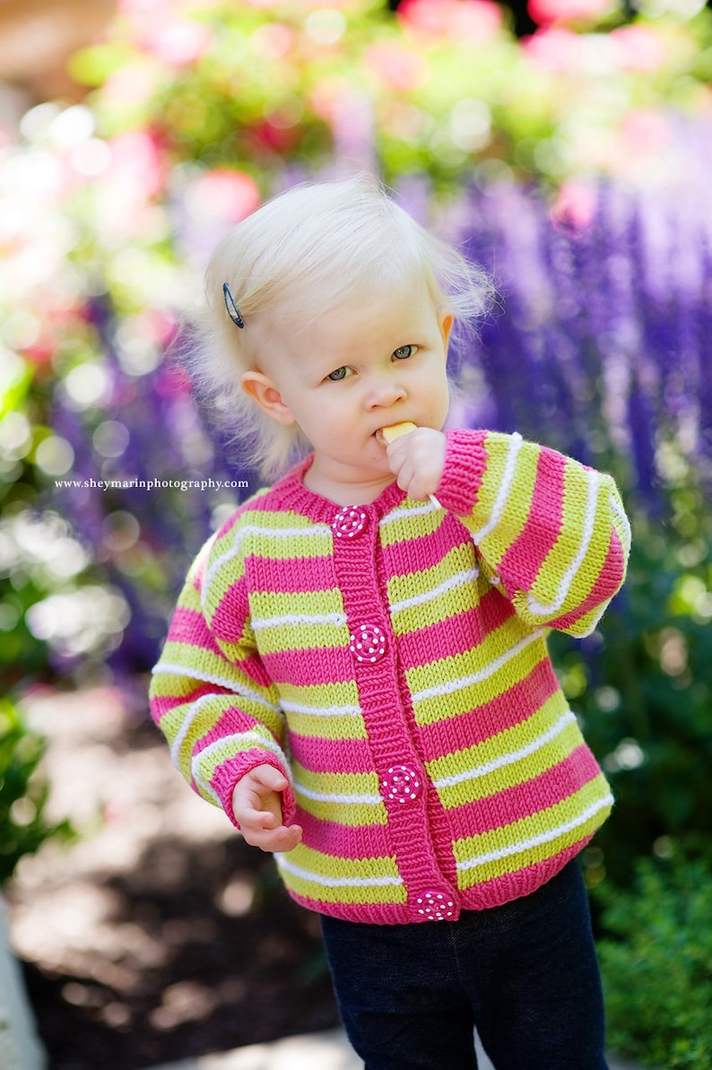 LINNEAN AVENUE Pink and Green Striped Cardigan Hand Knit Baby Sweater Girls Children Clothing Perfect for Spring Baby Showers