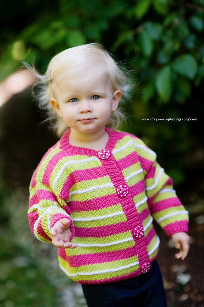 LINNEAN AVENUE Pink and Green Striped Cardigan Hand Knit Baby Sweater Girls Children Clothing Perfect for Spring Baby Showers