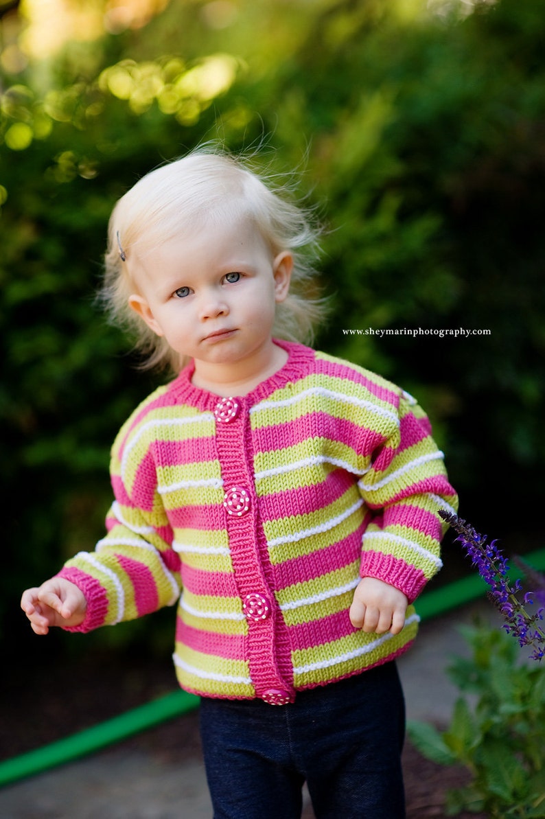 LINNEAN AVENUE Pink and Green Striped Cardigan Hand Knit Baby Sweater Girls Children Clothing Perfect for Spring Baby Showers