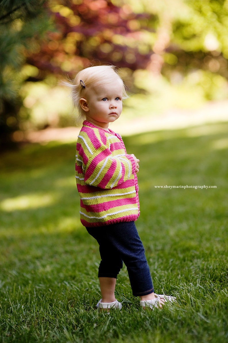LINNEAN AVENUE Pink and Green Striped Cardigan Hand Knit Baby Sweater Girls Children Clothing Perfect for Spring Baby Showers
