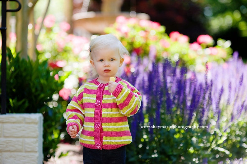 LINNEAN AVENUE Pink and Green Striped Cardigan Hand Knit Baby Sweater Girls Children Clothing Perfect for Spring Baby Showers