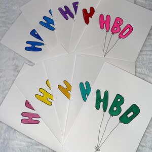 Ballons d'anniversaire HBD, carte d'anniversaire peinte à la main, carte d'anniversaire ballons, carte d'anniversaire maison