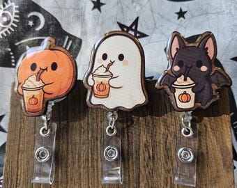Halloween Coffee Badge Reel with Rotating Alligator Clip or Belt Clip (Handmade)