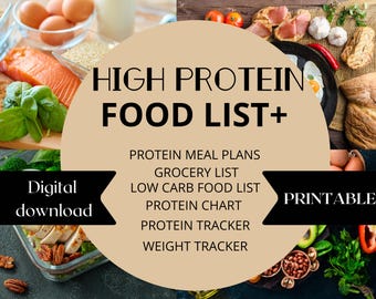 High Protein Food List: Low Carb Meal Plan, Weight Tracker (Digital Download)