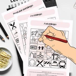 Kinder Bingo Set zum Ausdrucken – Auto, Restaurant & Arzt | 30 PDF Karten | Spielidee für Reisen und Wartezimmer