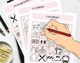 Juego de bingo de viaje para niños: coche, restaurante, médico (30 tarjetas PDF, juego imprimible)