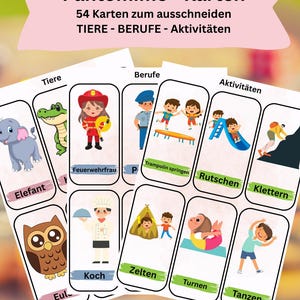 Könnte beinhalten: Ein Kartenspiel mit Pantomime-Karten, die Tiere, Berufe und Aktivitäten zeigen. Die Karten zeigen einen Elefanten, eine Feuerwehrfrau und Kinder beim Trampolinspringen. Der Text auf den Karten enthält die Wörter 'Tiere' und 'Berufe'.