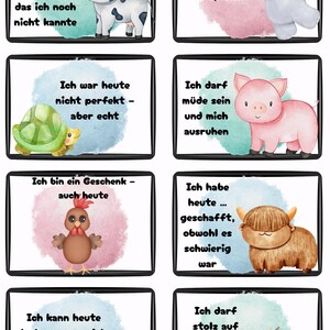 May include: A set of eight illustrated cards with animal characters and German text. Each card features a different animal, including a cow, hippo, turtle, pig, chicken, Highland cow, flamingo, and cow. The cards have colorful watercolor backgrounds.