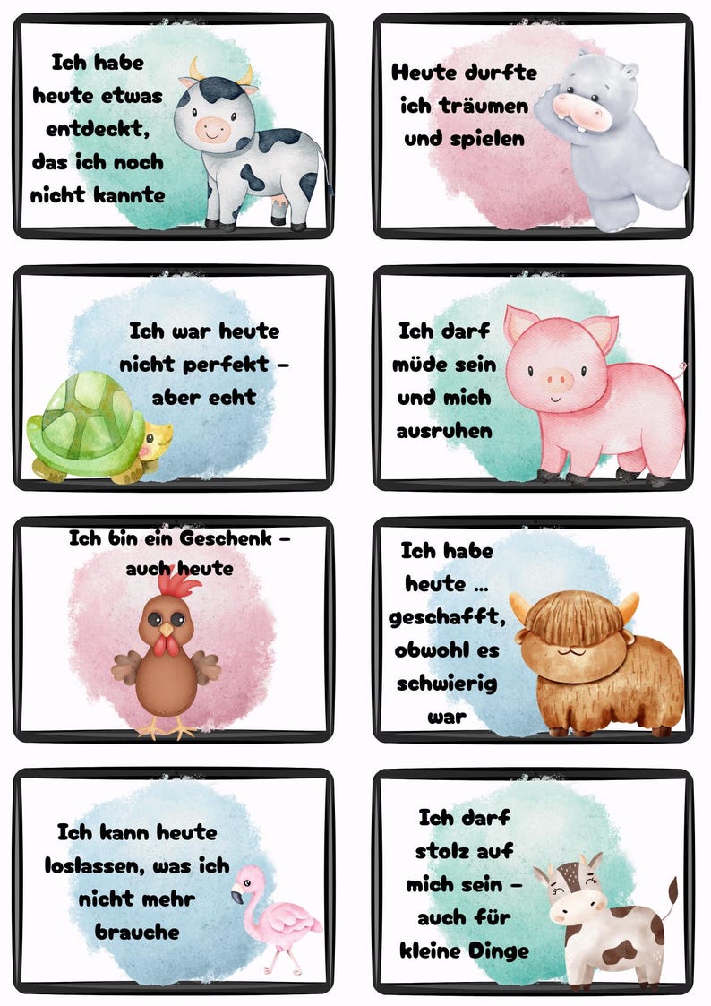 May include: A set of eight illustrated cards with animal characters and German text. Each card features a different animal, including a cow, hippo, turtle, pig, chicken, Highland cow, flamingo, and cow. The cards have colorful watercolor backgrounds.