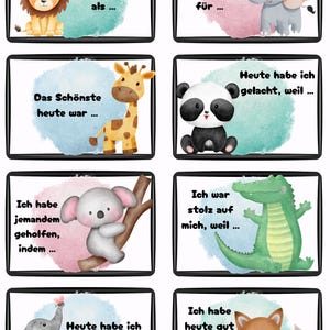 May include: Set of eight cards with watercolor illustrations of animals, including a lion, elephant, giraffe, panda, koala, alligator, fox, and elephant. Each card has German text in a black frame.