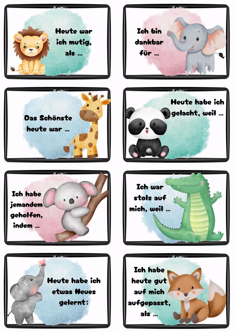 May include: Set of eight cards with watercolor illustrations of animals, including a lion, elephant, giraffe, panda, koala, alligator, fox, and elephant. Each card has German text in a black frame.