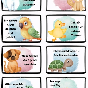 May include: A set of eight watercolor-style cards featuring various animals and text. The cards include a polar bear, beaver, parrot, duckling, dog, turtle, snake, and camel. Each card has a unique phrase in German.