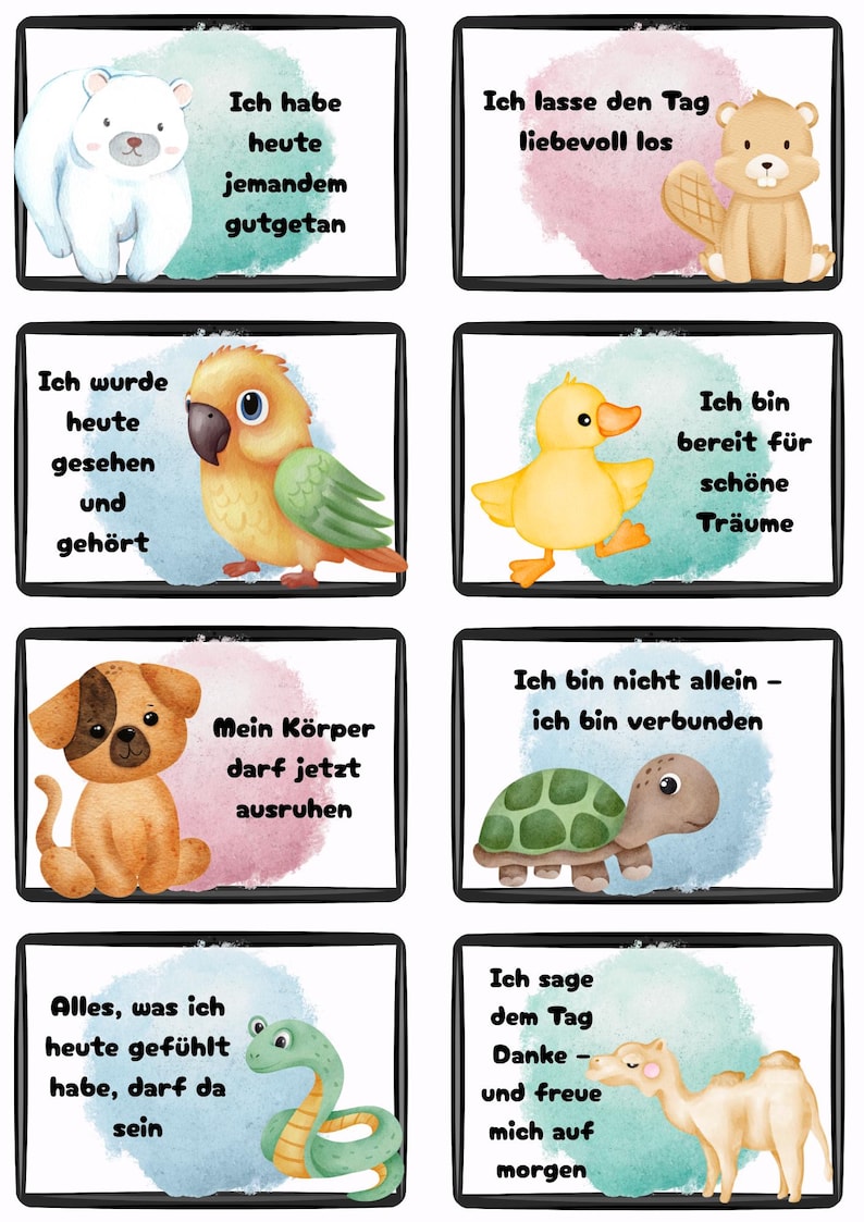 May include: A set of eight watercolor-style cards featuring various animals and text. The cards include a polar bear, beaver, parrot, duckling, dog, turtle, snake, and camel. Each card has a unique phrase in German.