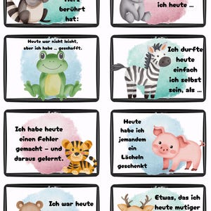 May include: A set of eight illustrated cards with cute animals and text in German. The cards feature a raccoon, koala, frog, zebra, tiger, pig, bear, and deer, each with a different positive message.