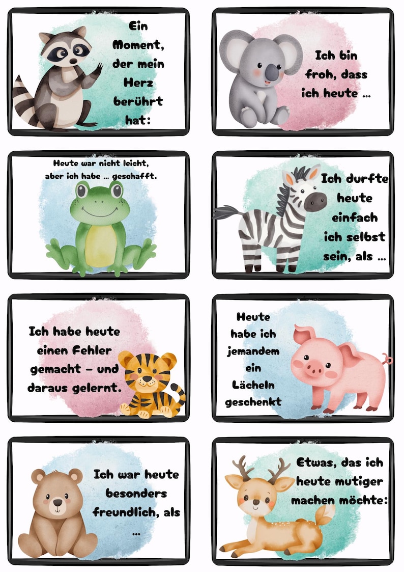 May include: A set of eight illustrated cards with cute animals and text in German. The cards feature a raccoon, koala, frog, zebra, tiger, pig, bear, and deer, each with a different positive message.