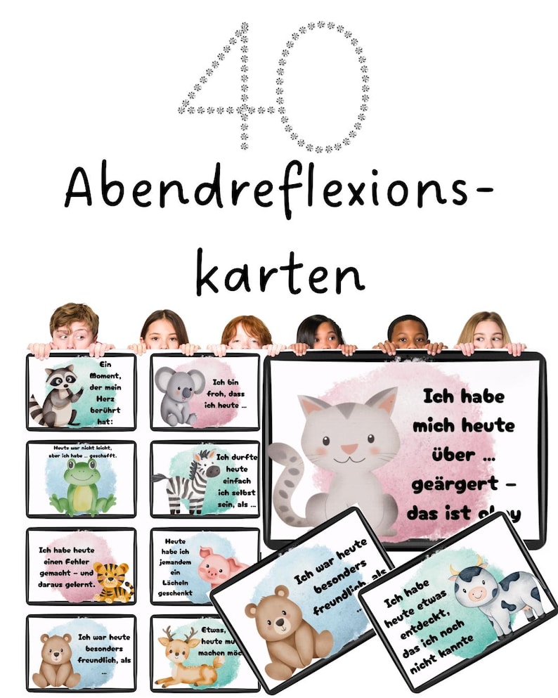 May include: A collection of 40 Abendreflexions-karten cards, featuring illustrations of animals and prompts for reflection. The cards have a white background with colorful watercolor accents and text in German.