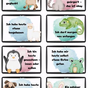 May include: A set of eight illustrated cards with animal characters and German text. Each card features a different animal, including a horse, cat, llama, chameleon, penguin, frog, pug, and rabbit, with a motivational phrase.