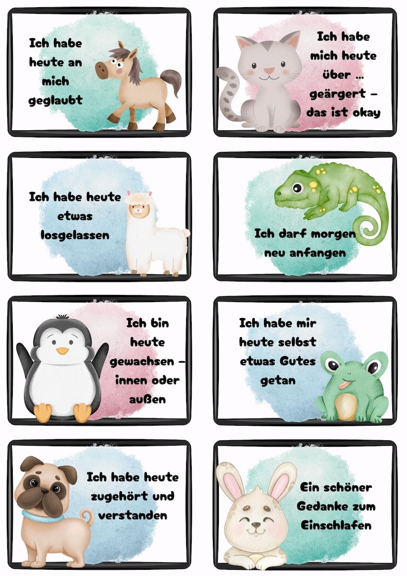 May include: A set of eight illustrated cards with animal characters and German text. Each card features a different animal, including a horse, cat, llama, chameleon, penguin, frog, pug, and rabbit, with a motivational phrase.