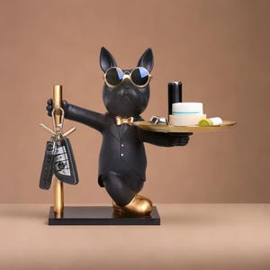 Escultura de buldogue francês com bandeja - estatueta decorativa de cachorro, bandeja de armazenamento de metal moderna, banco de moedas, porta-chaves, prato de lanche, decoração exclusiva para casa