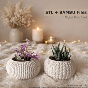 Puede incluir: Dos pequeñas macetas de cerámica blancas con textura de punto, cada una con una suculenta diferente. Una tiene hojas moradas y verdes, la otra tiene hojas verdes y blancas a rayas. El texto "STL + BAMBU Files" y "Digital Download" es visible.