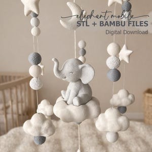 Mobile bébé éléphant + fichier BAMBU | Etoiles et nuages de lune pour chambre d'enfant | Impression 3D mobile DIY (téléchargement numérique)