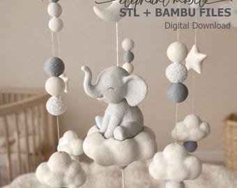 Puede incluir: Un móvil colgante con un elefante gris central sentado sobre una nube, rodeado de estrellas blancas, lunas crecientes, nubes y cuentas esféricas grises y blancas. El texto dice elephant mobile STL + BAMBU FILES Digital Download.