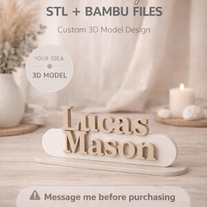May include: A custom 3D model design featuring the name Lucas Mason in raised beige letters on a white oval base. Text includes custom design, STL + BAMBU FILES, Custom 3D Model Design, YOUR IDEA 3D MODEL, and Message me before purchasing.