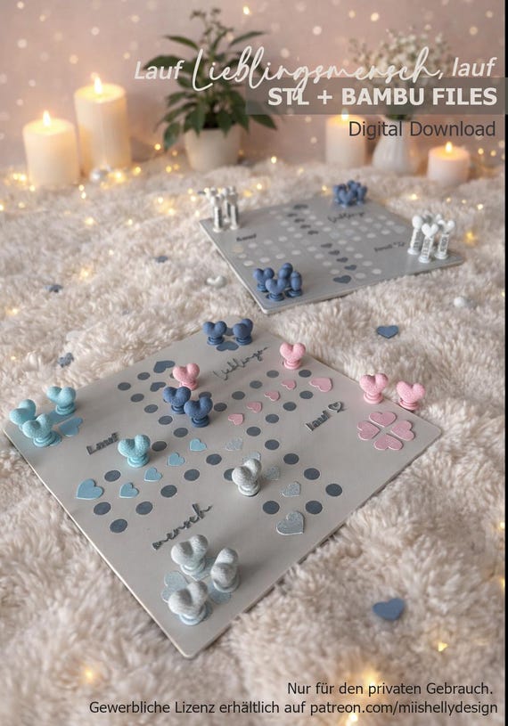 Lauf lieblingsmensch lauf Brettspiel, Boardgame Bambu + Stl 3D Druck Dateien, Digital download, Herzfiguren, Spiel