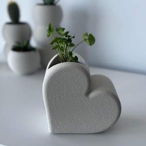 Pode incluir: Um vaso em forma de coração, texturizado, cinza claro, preenchido com uma pequena planta verde. Vários outros vasos redondos brancos com pequenas plantas estão no fundo. O vaso em forma de coração é o ponto focal.