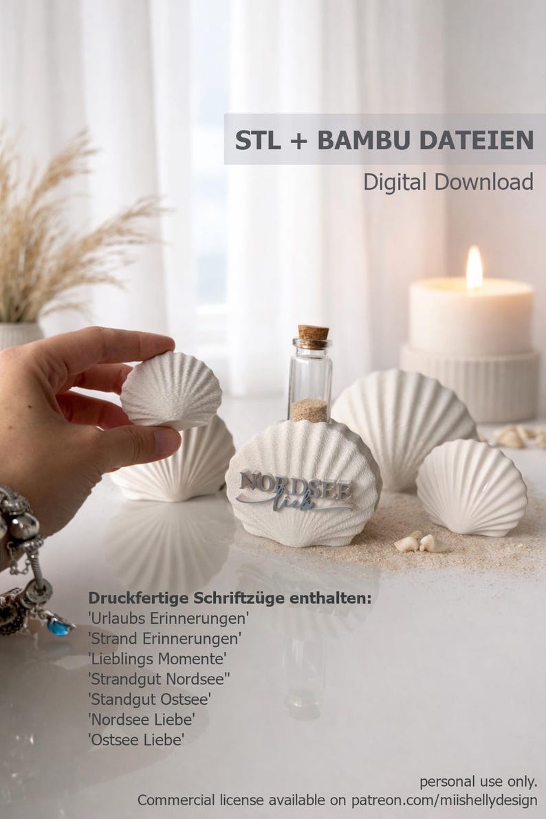 May include: A set of white, 3D-printed seashell-shaped decorative objects, some featuring a small glass vial with a cork stopper filled with sand. One shell displays the text 'NORDSEE Liebe'. Includes digital files for printing.